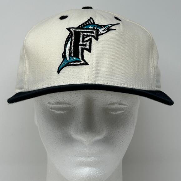 Vintage 90s Florida Marlins Hat Baseball Cap Fitted 7 3/4 White New Era USA Made - Picture 2 of 15